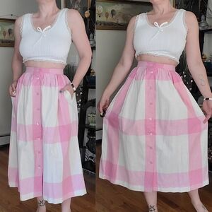 Vintage 1990's pink white plaid button front skirt - Henry Grethel